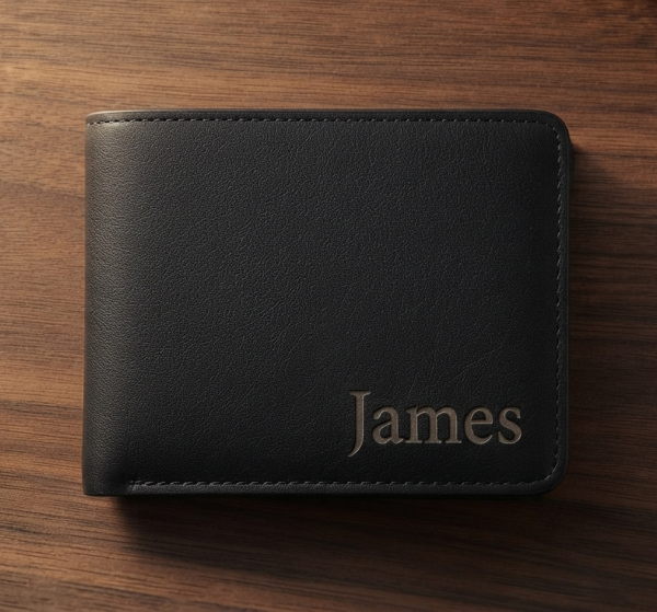 Personalized Black Leather Wallet | Custom Engraved Bifold Gift for Him