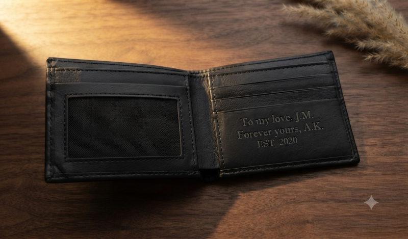 BW7 Personalized Black Leather Wallet | Custom Engraved Bifold Gift for Him